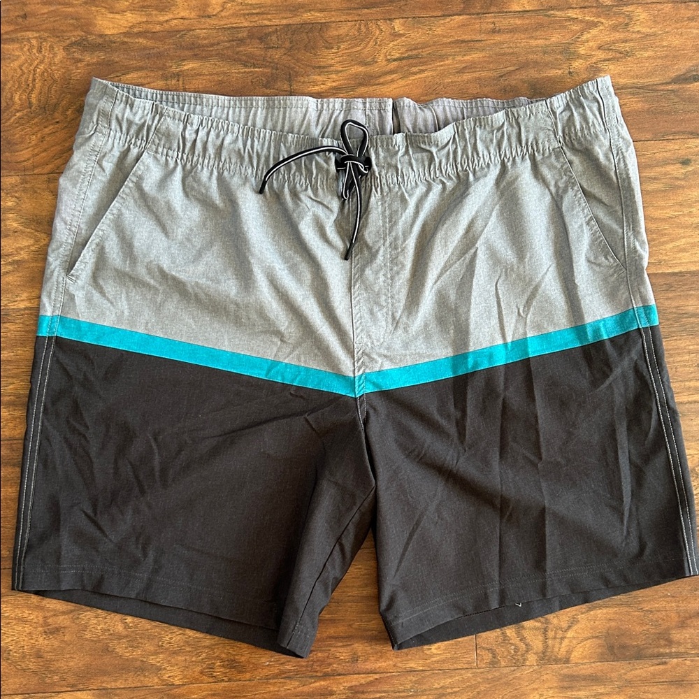 George Men's Black and Gray Board Shorts with Teal Stripe